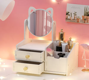 大型メイク収納ボックス 家庭用 大きな猫耳付き 正方形化粧鏡 引き出し付き パーソナルラベル付き 寮用ドレッシングミラー - Product Image 6