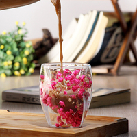 Taza de Vidrio de Borosilicato de Doble Pared de 300 ml, Diseño Moderno, con Decoraciones de Flores Secas, para Café y Leche