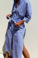 Robe chemise décontractée pour femme en polyester tissé respirant à rayures, coupe trapèze, à manches longues mi-longues et col à revers, pour l'automne