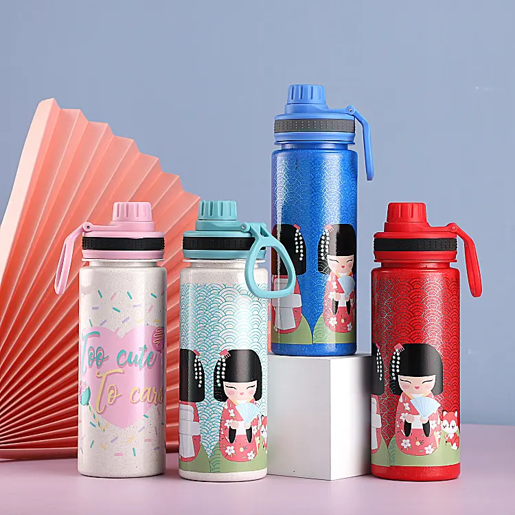 Botol air olahraga serat sekam beras jerami gandum warna dan logo kustom gaya Jepang 700ml dengan tutup putar anti bocor