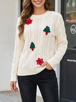 Pull en tricot ample à col rond et manches longues pour femme, motif arbre de Noël et flocon de neige torsadé, couleur beige, nouvelle collection automne, ambiance festive