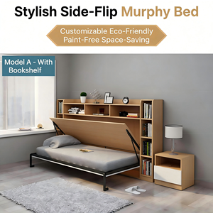 Nouveau <span class=keywords><strong>lit</strong></span> mural Murphy vertical pliable et rotatif en bois, gain de place, avec mécanisme de pliage caché, avec bibliothèque et bureau - Product Image 2