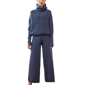 Completo in Cashmere da Donna Tinta Unita Lavorato a Maglia con Dolcevita Maglione e <span class=keywords><strong>Pantaloni</strong></span> in Lana e Cashmere Set Due Pezzi - Product Image 3