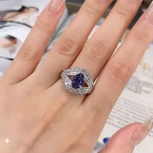 Cincin batu Tanzanite sederhana wanita, cincin pertunangan zirkonia kubik 925 perak murni