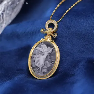 High Quality Carved Cat Animal Pet Cameo Pendant Necklace Memory Zircon Jewelry