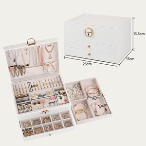 3-Tier Leather Jewelry <b>Box</b> with Lock Large Jewelry Organizer with <b>Drawers</b> for Rings Necklaces & Earrings - Product Image 6