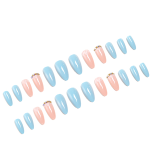 En gros, capsules d'ongles à presser de luxe, longues, forme amande, bleues, style French, avec motifs personnalisés, différentes tailles, marque privée - Product Image 3