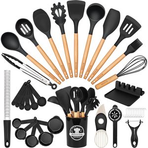 Ensemble d'ustensiles de cuisine Astercook de 39 pièces, en silicone avec manches en bois, résistant à la chaleur, de qualité alimentaire, sans BPA, facile à nettoyer, pour les surfaces antiadhésives - Product Image 1