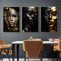 Affiche d'art de femme africaine rayonnante dorée, ensemble de 3 pièces, peinture sur toile imperméable, portrait moderne, art mural, décoration de salon