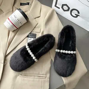 2023 Winter Warm Fuzzy Shoes For Women Custom Logo Outdoor New Style Pearl Decoration Moccasin Shoes Lofer Shoes