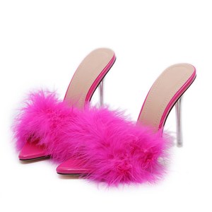 Novità: Ciabatte Sexy con <span class=keywords><strong>Piume</strong></span> per Donne, <span class=keywords><strong>Scarpe</strong></span> con Tacco Alto in Pelliccia, Stiletto con Punta Aperta, Mules Trasparenti Rosa Estive - Product Image 1