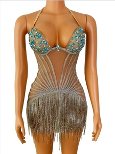 <span class=keywords><strong>Vestido</strong></span> <span class=keywords><strong>Mini</strong></span> <span class=keywords><strong>Transparente</strong></span> con Cristales de Estrás Azul Plateado, Cadenas de Cristales, Atuendo <span class=keywords><strong>Transparente</strong></span> para Celebrar, Disfraz para Actuación en Escenario - Product Image 2