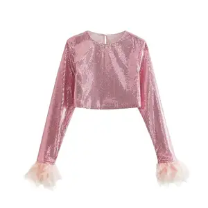 Taop & Za 2024 quần áo nữ mới Áo Crop Top đính kim sa màu hồng có còng lông mỏng vừa vặn và đa năng