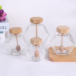 Wholesale Honey Jar <b>Jam</b> Pickle Jelly Food Jar 100ml 220ml 380ml Hot Sale Unique Hexagonal Wood Cap and Sticks Glass Honey Jar - Product Image 5