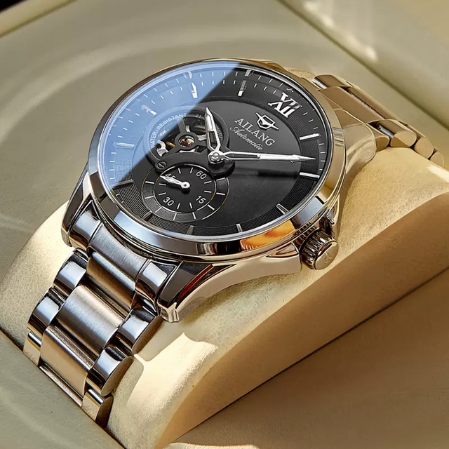 AILANG Men's Luxury Stainless Steel Mechanical Automatic Skeleton Analog Watch Waterproof 3Bar Water Resistant Fashion