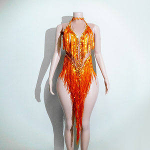 Combinaison en Spandex/Polyester à imprimé numérique avec franges en strass orange coucher de soleil, pour spectacle sur scène, showgirl, diva, drag queen - Product Image 2