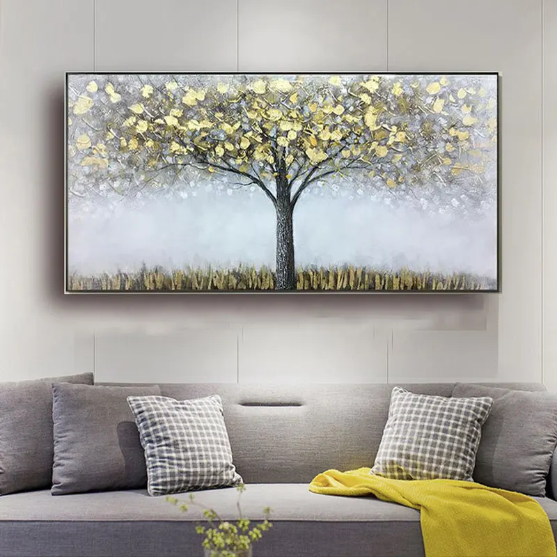 شجرة مجردة من الفضة حديثة مصنوعة يدويًا مع أوراق الشجر لوحة فنية جدارية لوحة زيتية كبيرة مرسومة يدويًا لوحة زيتية كبيرة باليد