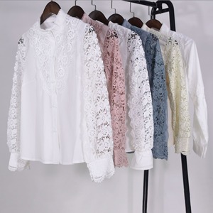 Blusa Elegante para <span class=keywords><strong>Mujer</strong></span>, Estilo Vintage con Encaje, Manga Larga, Transpirable, de Poliéster, Color Rosa, con Botones, Informal - Product Image 6