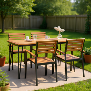 Ensemble de jardin en bois d'acacia massif 4 places avec structure en métal thermolaqué, mobilier d'extérieur au design contemporain - Product Image 2