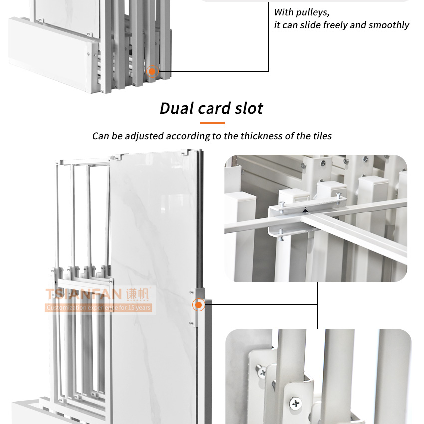 Tianfan Artificial stone showroom interiors design tiles slab racks tower porcelain quartz stone display rack