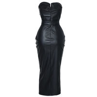 Träger loses schwarzes PU-Leder-Maxi kleid Sexy rücken freies enges Abendkleid Outfits Bottom Cut Club kleider