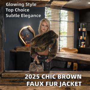 2025 Chic Brown <strong>Women's</strong> Faux <strong>Fur</strong> Jacket Winter Warm Crop <strong>Coat</strong> Slash <strong>Neck</strong> Design Puffy Long Sleeve <strong>for</strong> Autumn Fashion Fluffy - Product Image 1