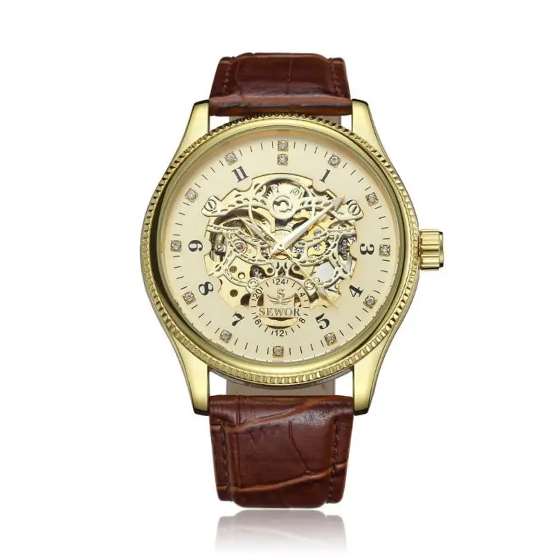 Sewor 010 relógio de atividade mecânica masculino, super dourado, pulseira de couro à prova d' água, esqueleto automático, relógio para negócios