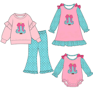 Tenues de Noël personnalisées pour filles, robe barboteuse à carreaux rose et bleu, vente en gros, vêtements de fête pour sœurs, boutique de vêtements d'usine - Product Image 2