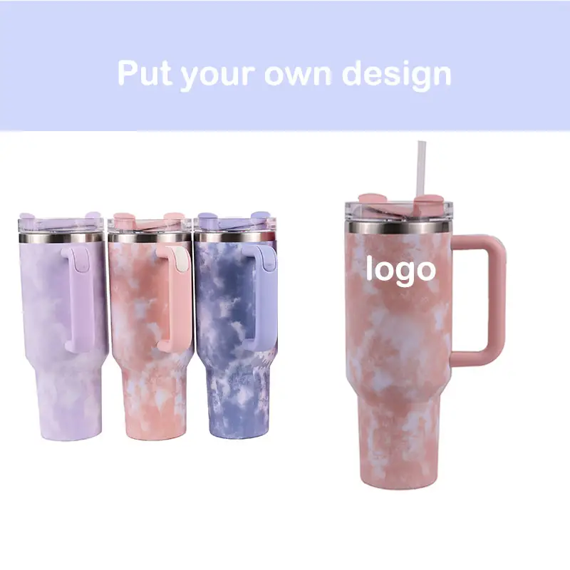 Custom Tie-Dyed Auto Mok Cup Rvs Grote Capaciteit Stro Waterfles Met Stro