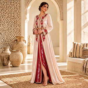 Caftán Marroquí de Terciopelo Color Ciruela Mishkat Couture con Bordado Rojo Rubí, Cinturón Dorado con Joyas, Vestido Interior Rojo - Elegante Ropa de Fiesta para Invierno - Product Image 1