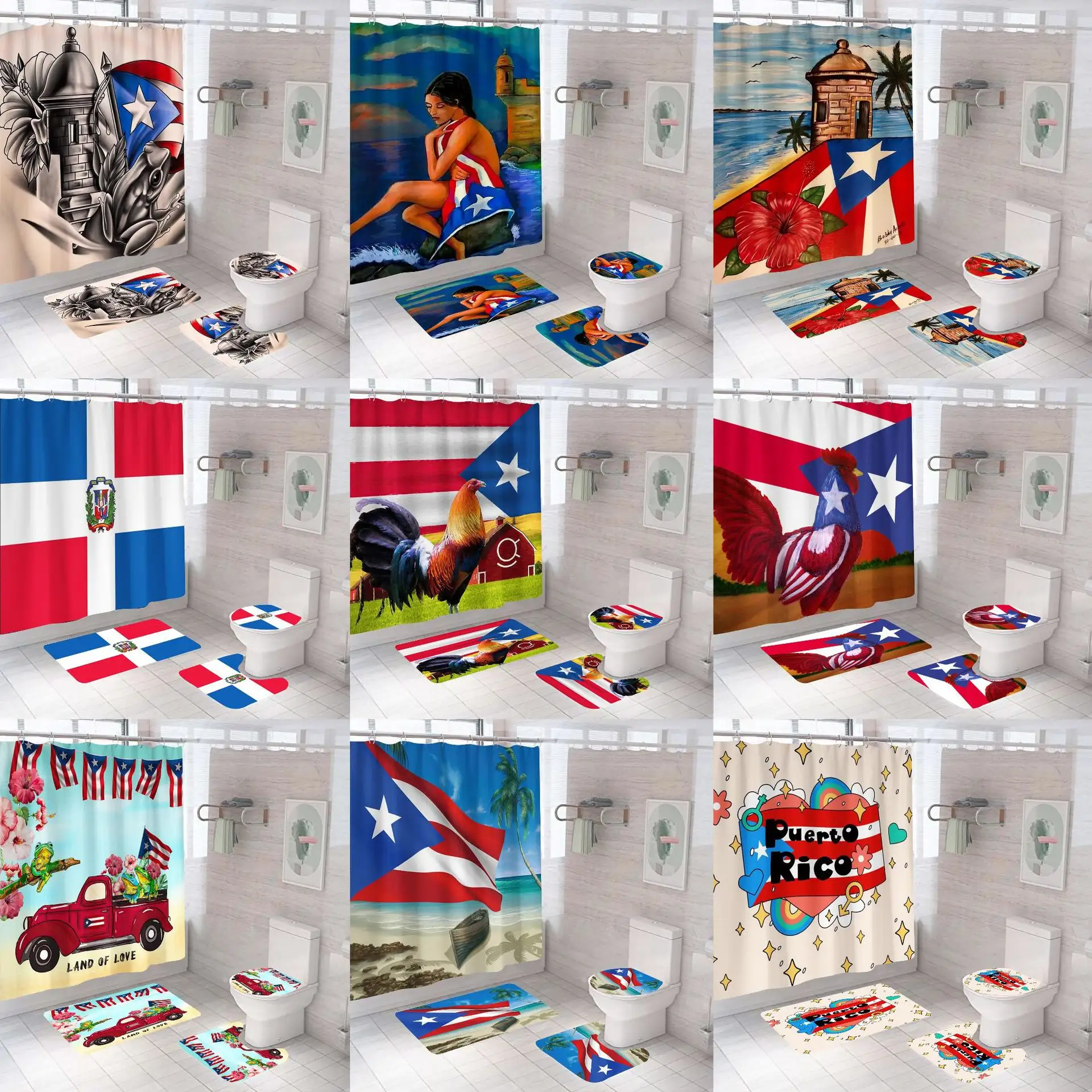 プエルトリコの国旗オンドリ素朴なお土産シャワーカーテンカスタマイズされたプリント防水3Dシャワーカーテンラグバスルームセット