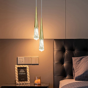 Lustre LED élégant en or poli, luminaire suspendu conique avec gouttes de cristal de glace texturées pour chambre à coucher et salle de bain - Product Image 1