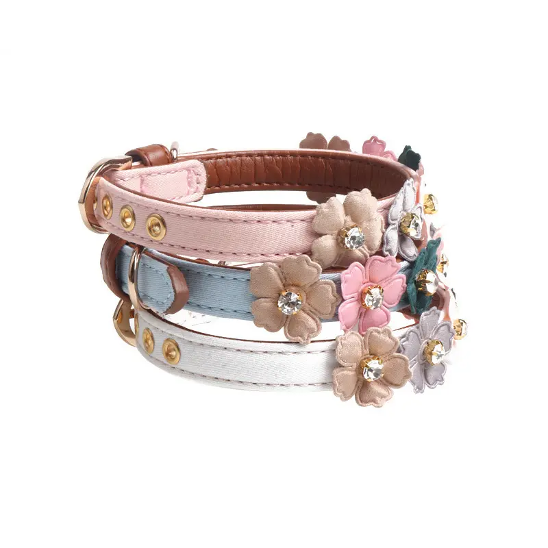 4 Colors Cute Flower Cat Collar Bling Rhinestone Dog Collar Leather Pet Collar For Small Dog Cats 1.3*34cm/1.3*42cm