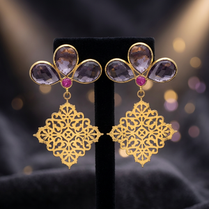 Nouveauté : Boucles d'oreilles pendantes en argent sterling 925 avec pierres précieuses en améthyste rose CZ, forme poire, plaquées rhodium et or, design unisexe tendance - Product Image 2