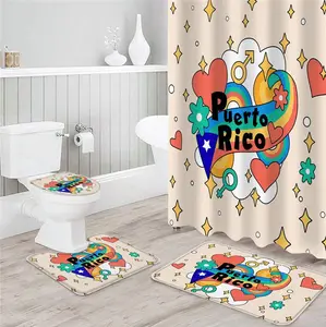 Independence Day 4 Piece Shower Curtain Sets, Puerto Rico Flag Holiday Star Strips Rainbow Flower Heart Star Bathroom Set/