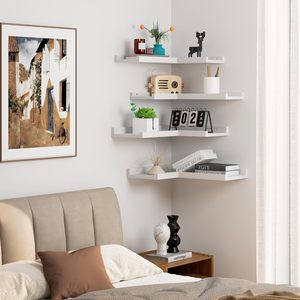 Estantes de Pared de Esquina Modernos de 4 Niveles, Color Blanco, Estantes Flotantes de Madera con Borde, <span class=keywords><strong>Estante</strong></span> de Esquina en Forma de L <span class=keywords><strong>para</strong></span> Sala de Estar - Product Image 6