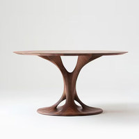 Table à manger ronde en noyer sur mesure, ensemble de table de luxe en bois massif avec base sculptée, bureau organique moderne pour projet