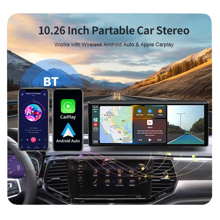 Pantalla Carplay inalámbrica de 10,26 pulgadas, pantalla portátil táctil estéreo para coche, funciona con Android Auto inalámbrico y Apple Carplay