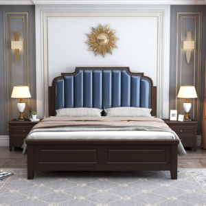 Luxury Style Wooden <b>Bed</b> with Upholstered Blue Headboard, King/Queen Size <b>Bed</b> <b>Frame</b> for Bedroom Furniture - Product Image 4