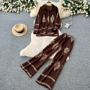 Conjunto de 2 piezas vintage de otoño para mujer, top con cuello polo y traje estampado, ropa al por mayor - Product Image 3