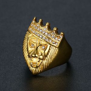 Hip Hop Jewelry Gold Plated Crown Lion Head <b>Ring</b> Men's <b>Titanium</b> Steel Pave Setting Gift Fashion <b>Rings</b> - Product Image 1