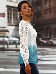 Chemisier Henley à manches longues en dentelle pour femme, grande taille, col en V, blanc à bleu, décontracté, automne-été - Product Image 5