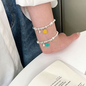 Pulsera de Plata de Ley S925 con Cara Sonriente y Perlas para Mujer, Joyería con Dijes de Dibujos Animados, Diseño de Cuerda Elástica para Uso Diario - Product Image 3