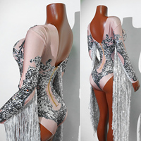 Glitzernder Silberner Strass-Fransen-Bodysuit für Schönheitswettbewerbe, Geburtstagsfeiern, Prominente, Sänger, Drag Queens, Divas, Bühnenkostüm, Leotard