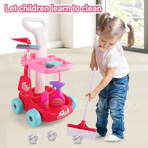 Leemook Hot Sale Housework Kid Cleaning Set Simulation Sweeping Trolley Cart Game Cleaning Kit Toy For Kids