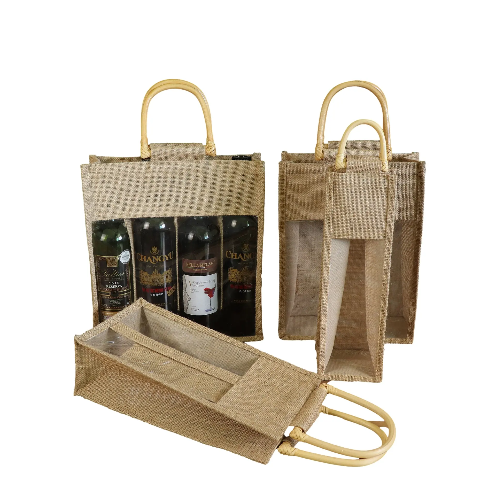 Benutzer definierte Logo Wieder verwendbare Hanf Wein beutel Einkaufstasche Sac kleinen Jute Tasche mit Bambus griff