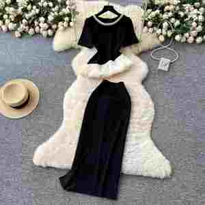 Conjunto de Verano para Mujer, Casual, con Cuentas, Cuello Redondo, Top Asimétrico y Falda de Cintura Alta, Venta al Por Mayor - Product Image 1