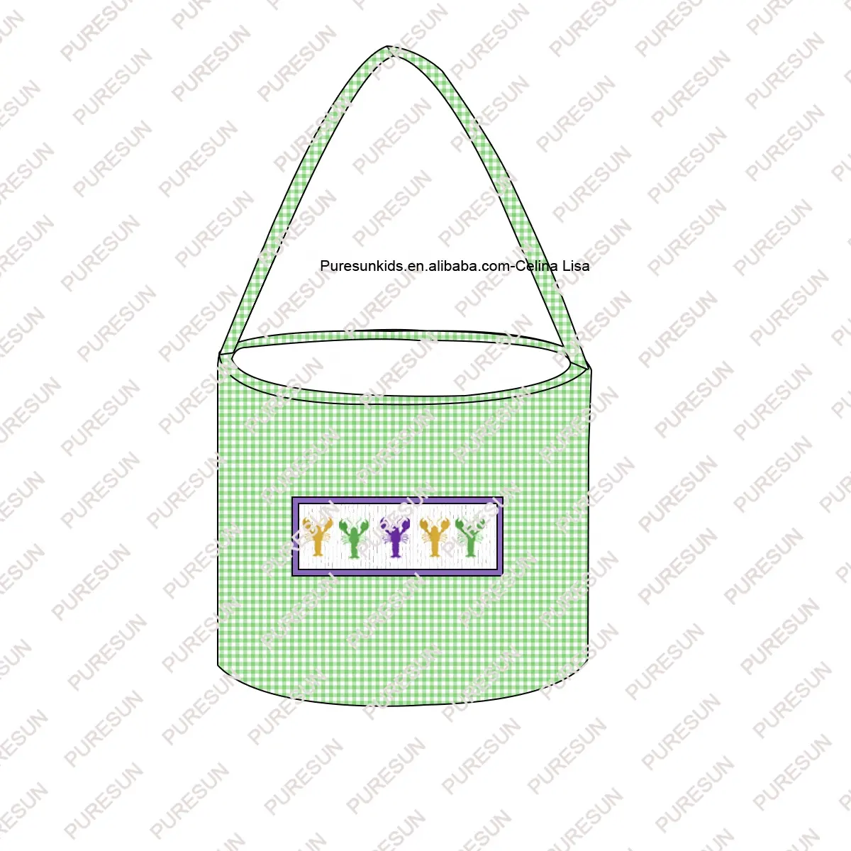 Baixo moq personalizado crianças balde sacos Mardi gras armazenamento grande capacidade smocked baby boy cestas com lagostim bordado