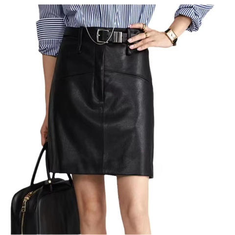 High Quality Summer Spring New Design Stylish Pocket Black Genuine Leather Skirt High Waist