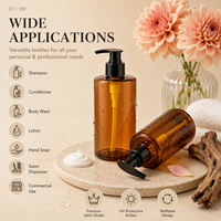 Bouteille pompe PET ambrée 500 ml avec distributeur noir pour shampoing, après-shampoing, gel douche, lotion, savon liquide pour les mains – Usage commercial